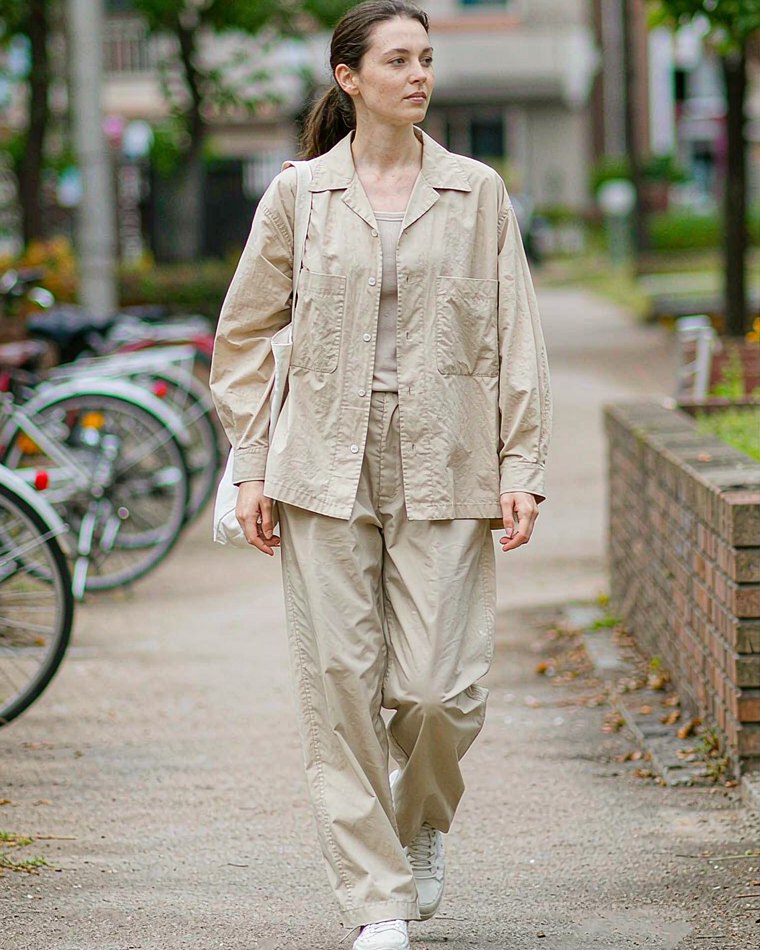 Camp Collar Shirt in Sand worn by a model