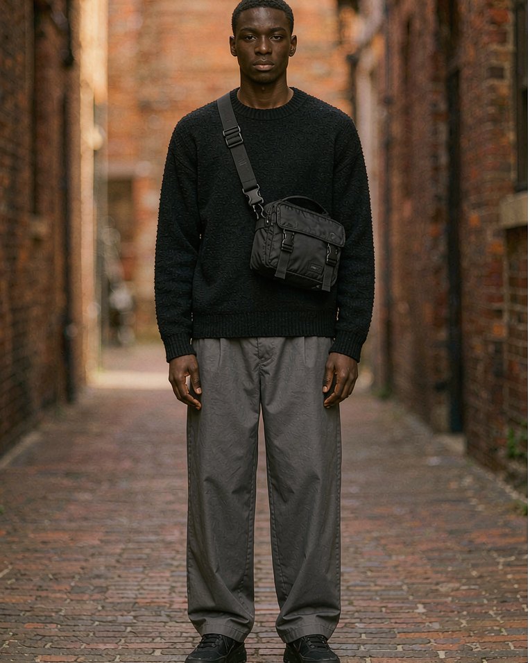 Crossbody Bag in Black Nylon worn by a model