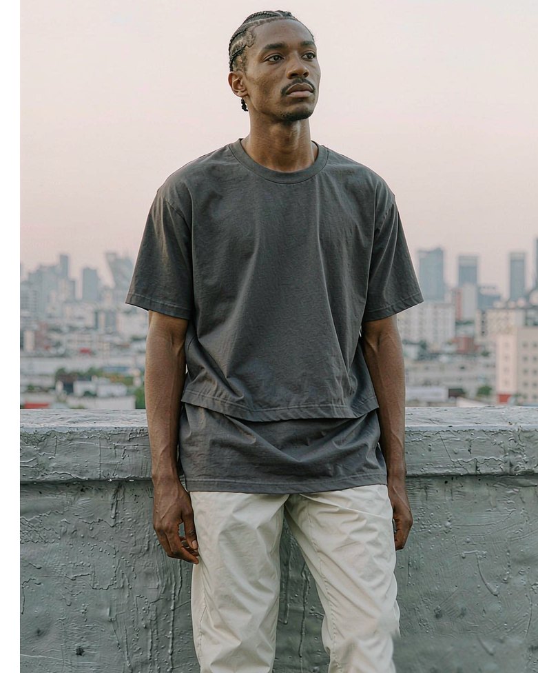 Double Sleeve Tee in Charcoal worn by a model