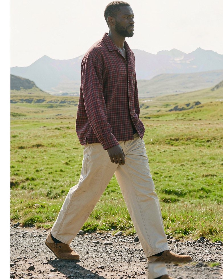 Flannel Overshirt in Burgundy Check worn by a model
