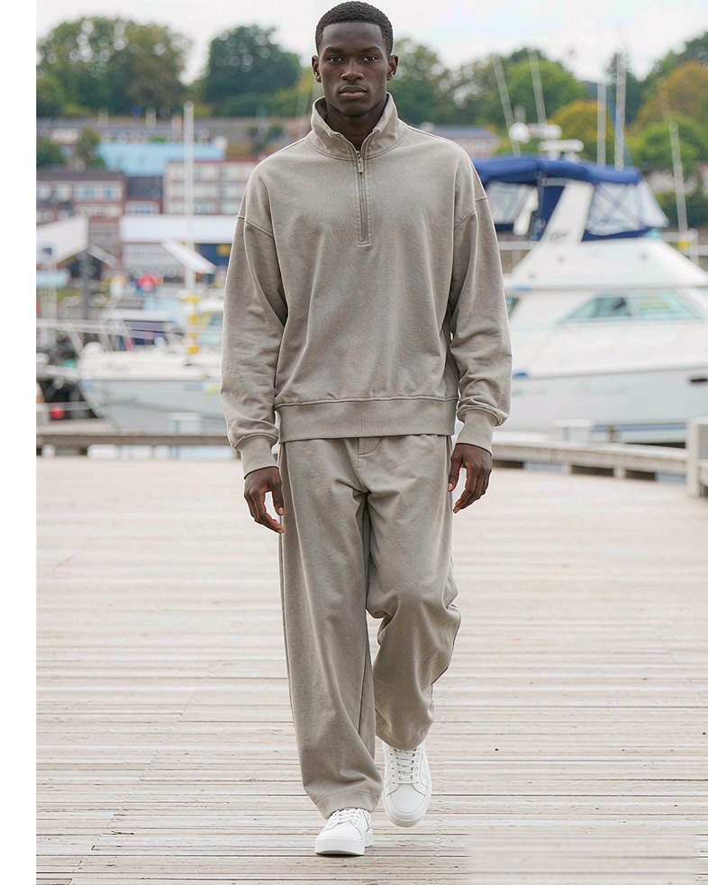 Half-Zip Sweat in Stone worn by a model