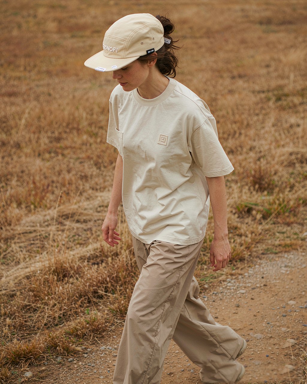 Heavy Cap in Ecru worn by a model