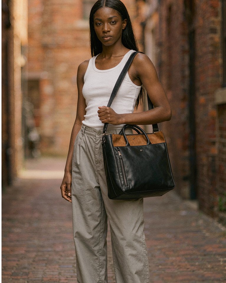 Leather Tote in Black Leather worn by a model