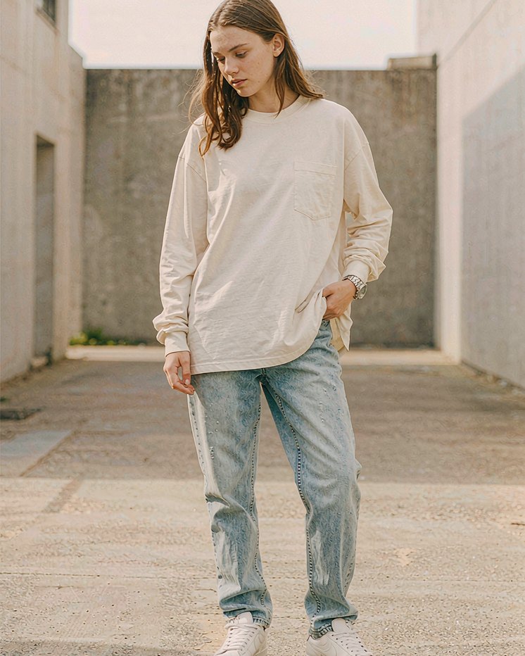 Long Sleeve Tee in Ecru worn by a model