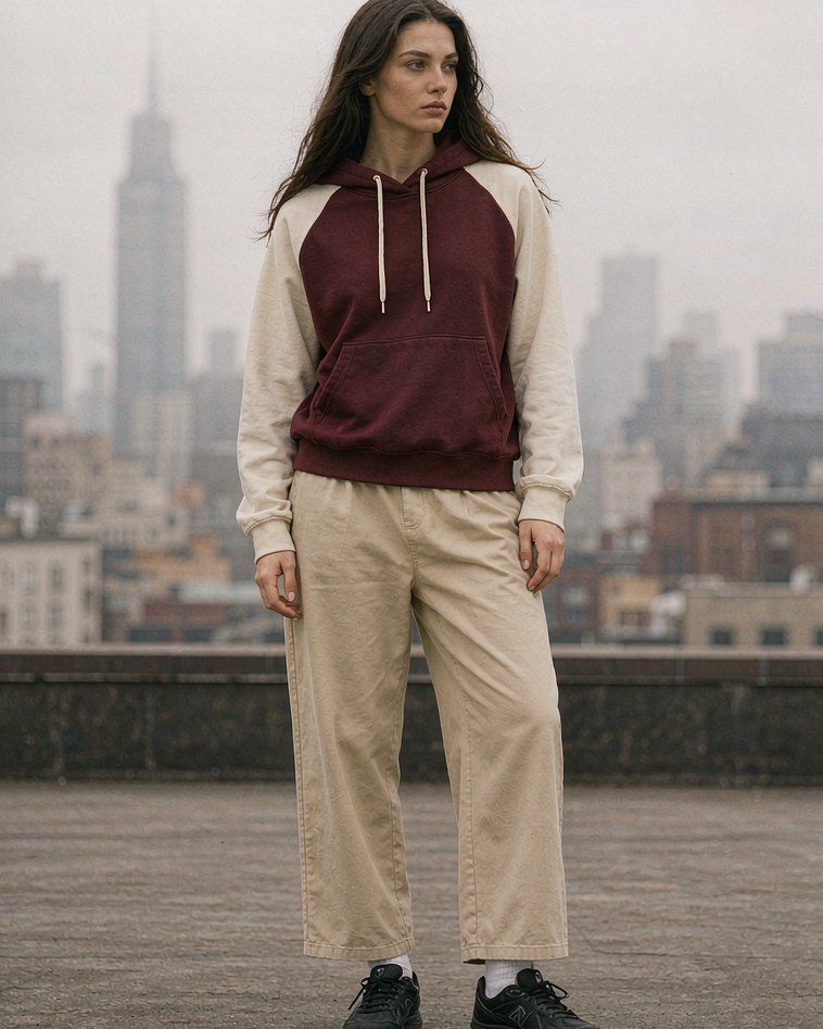 Raglan Hoodie in Burgundy worn by a model