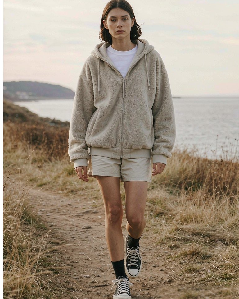 Zip Fleece in Oatmeal worn by a model